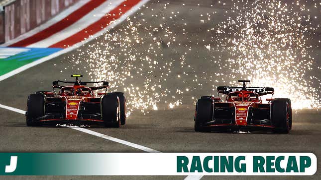 Saltan chispas de los coches de Carlos Sainz de España al volante (55) del Ferrari SF-24 y de Charles Leclerc de Mónaco al volante del (16 ) Ferrari SF-24 mientras compiten por la posición en la pista durante el Gran Premio de F1 de Bahréin en el Circuito Internacional de Bahréin el 2 de marzo de 2024  en Bahréin, Bahréin.