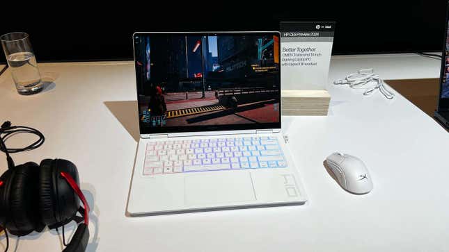 A white HP Omen 14 with its rainbow LED keys. 