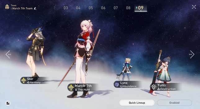 Four characters on the Team Lineup Screen.