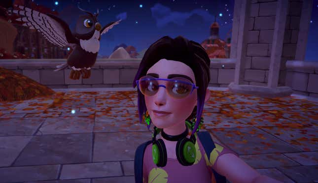 A player character takes a selfie with an owl.