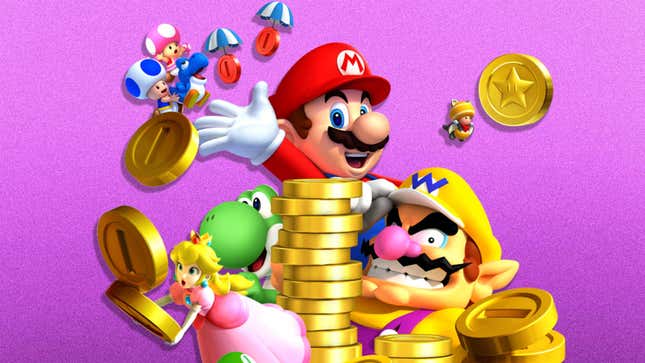 An image shows Mario, Wario and Princess Peach all standing near and around big coins. 
