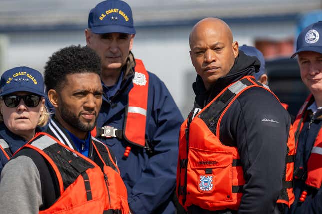 Coast Guard Commandant Linda L. Fagan, from left, Mayor Brandon Scott, Rear Admiral Shannon Gilreath, Maryland Governor Wes Moore and Senator Chris Van Hollen look toward their boat as they prepare to tour the Francis Scott Key Bridge collapse site Friday, March 29, 2024. 