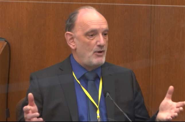 Dr. David Fowler testifies as Hennepin County Judge Peter Cahill presides, Wednesday, April 14, 2021, in the trial of former Minneapolis police Officer Derek Chauvin at the Hennepin County Courthouse in Minneapolis, Minn. Chauvin is charged in the May 25, 2020 death of George Floyd.