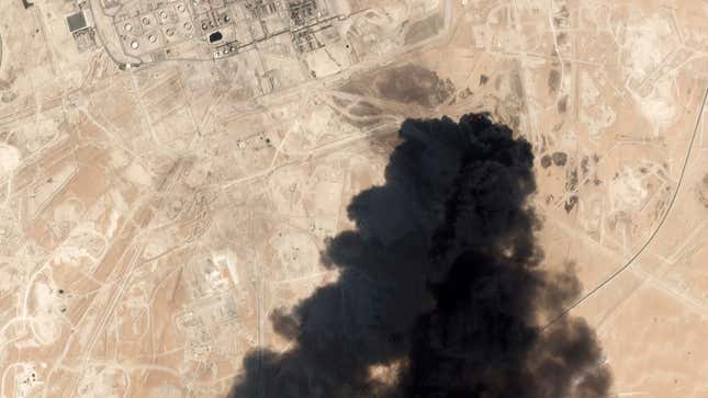This Saturday, Sept. 14, 2019, satellite image from Planet Labs Inc. shows thick black smoke rising from Saudi Aramco’s Abqaiq oil processing facility in Buqyaq, Saudi Arabia. 