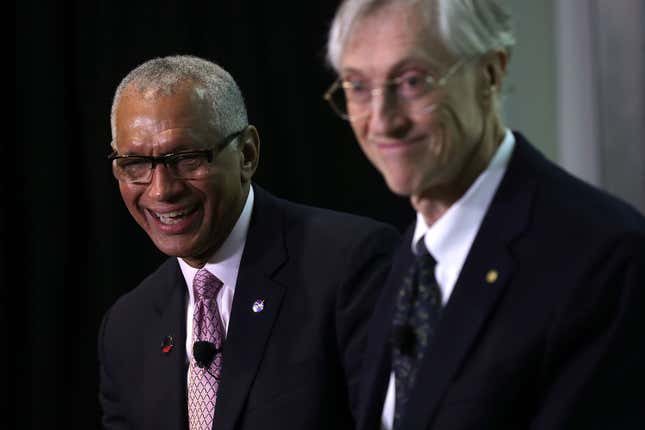 GREENBELT, MD - NOVEMBER 02: NASA Administrator Charles Bolden (L) and Senior Project Scientist John Mather answer questions from the media about the James Webb Space Telescope November 2, 2016 at NASA’s Goddard Space Flight Center in Greenbelt, Maryland