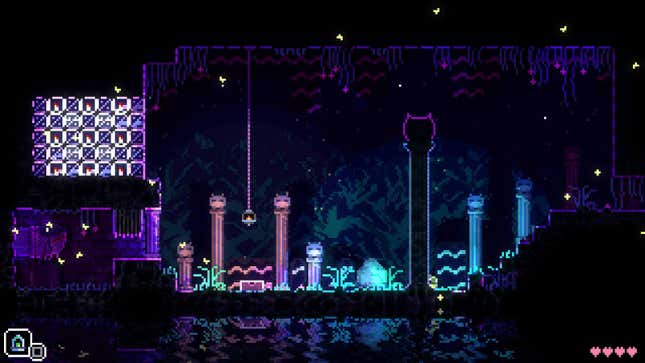 A screenshot of Animal Well depicts the player character in a room with what appear to be little statues atop pillars and a square, 3x3 recess on the left with a lit candle in each of the nine squares.
