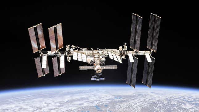 The International Space Station photographed by Expedition 56 crew members from a Soyuz spacecraft after undocking.