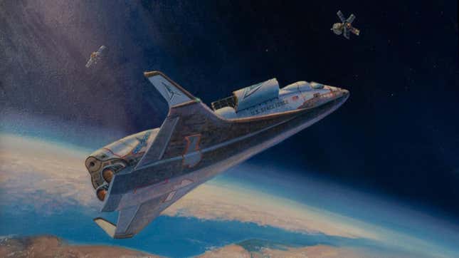 The Space Force unveiled an official painting in October 2023 of a U.S. spaceplane intercepting an “adversary” satellite to stop it from disabling a “friendly” satellite.