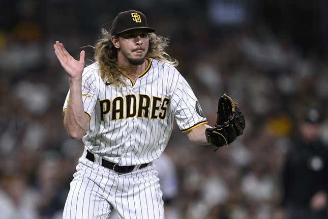 Aug 22, 2023; San Diego, California, USA; San Diego Padres relief pitcher Scott Barlow (58) reacts during the seventh inning against the Miami Marlins at Petco Park.
