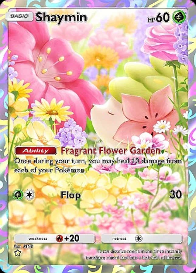 Shaymin is shown smelling a flower in a colorful garden.