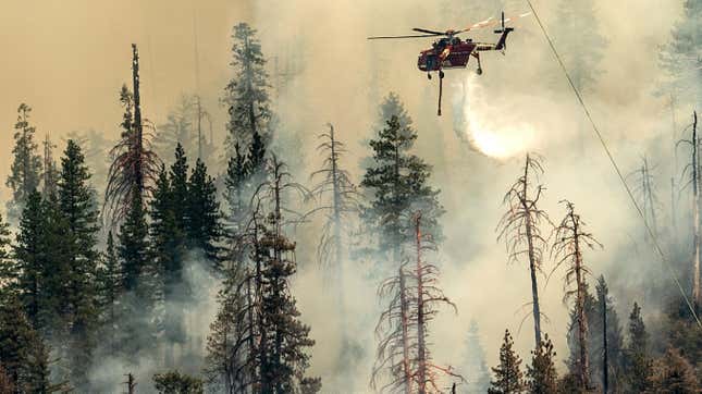 A helicopter drops water on the Washburn Fire in Yosemite National Park on July 9, 2022.