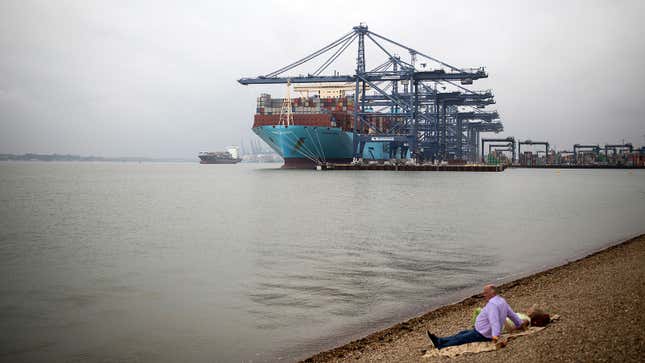 A photo of the Maersk Madrid container ship in port. 