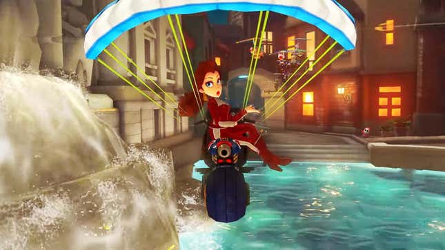 Pauline poses on her parachuting motorcycle in Mario Kart 8 Deluxe's final DLC pack, Booster Course Wave 6.