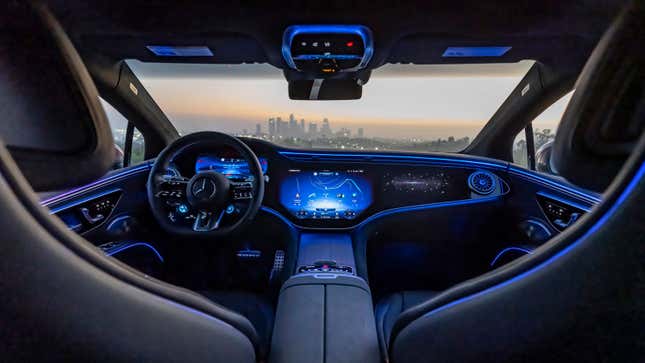 A photo of the interior of a Mercedes EQS electric sedan. 