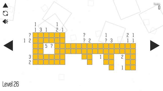 Yellow squares are displayed on a white background with numbers and question marks. 