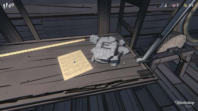 A screenshot of Blue Prince. A stone with the letter E on it is sitting on a table.