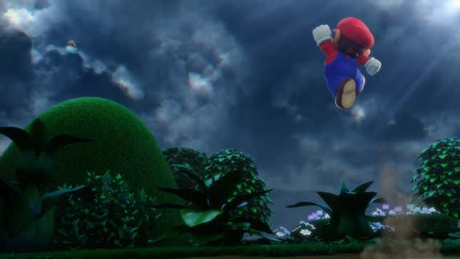 A screenshot of Super Mario RPG for the Nintendo Switch. Mario is jumping after Bowser, who has just kidnapped Princess Peach.
