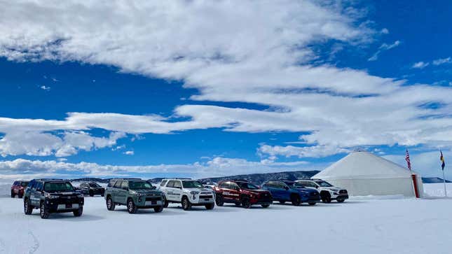 A wide shot of our base camp for the day in Steamboat Springs, CO. We used 4Runner TRDs, Rav4 TRDs, and awd Camrys