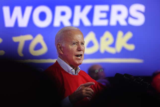 U.S. President Joe Biden speaks at a United Auto Workers union event in Belvidere, Illinois. His administration has awarded Stellantis $334 million to revitalize the plant. 