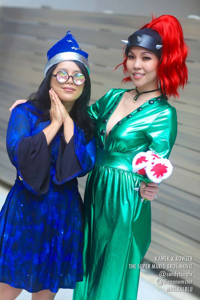Two cosplayers show off their feminine takes on Kamek and Bowser from the Super Mario Bros. franchise.