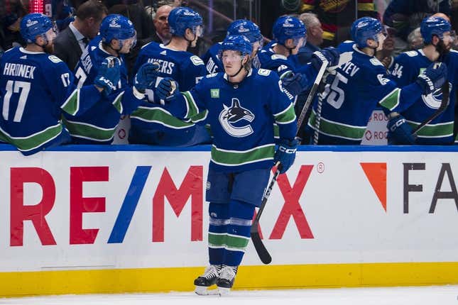 November 15, 2023;  Vancouver, British Columbia, CAN;  Vancouver Canucks forward Brock Boeser (6) celebrates his goal against the New York Islanders in the second period at Rogers Arena.
