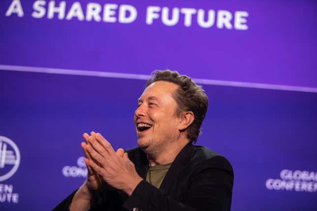 Elon Musk, co-founder of Tesla and SpaceX and owner of X Holdings Corp., speaks at the Milken Institute’s Global Conference at the Beverly Hilton Hotel,on May 6, 2024 in Beverly Hills, California.