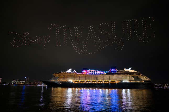 A view from Pier 60 of the Disney Drone Light Show celebrating the christening of the Disney Treasure cruise ship on November 19, 2024 in New York City.