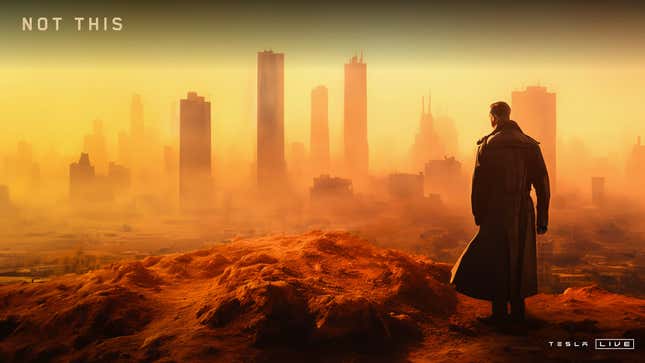 The still used during the 'We, Robot' event feature a man in a trench coat looking out on a orange-tinted desolate cityscape