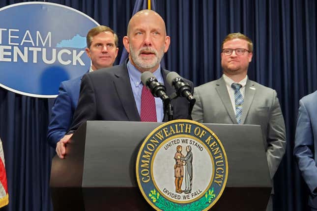 Rye Development CEO Paul Jacob talks about his company&#39;s plans to build a $1.3 billion coal-to-pumped storage hydropower facility as Gov. Andy Beshear looks on during a news conference, Thursday, March 21, 2024 in Frankfort, Ky. Jacob says the project will create about 1,500 construction jobs and 30 operations jobs once the facility is operational. (Tom Latek/Kentucky Today via AP)