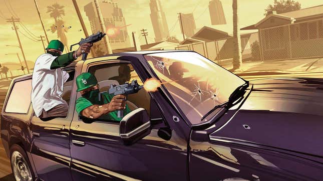 A bunch of GTA gang members in a four-door SUV-looking car shoot from outside the windows.
