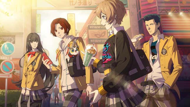 The cast of Persona 5: The Phantom X walks through a city while eating snacks.
