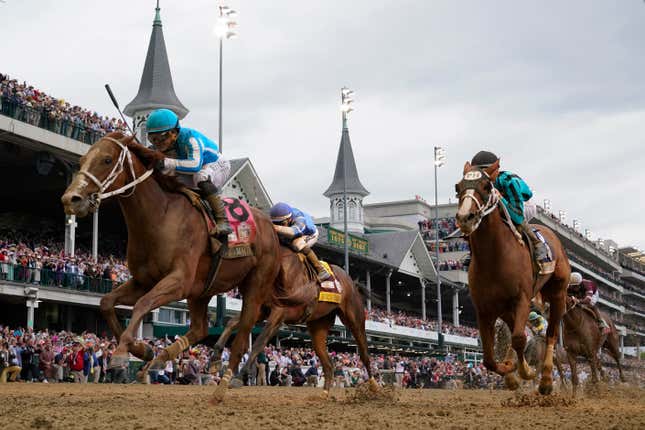 FILE - Mage (8), with Javier Castellano aboard, wins the 149th running of the Kentucky Derby horse race at Churchill Downs Saturday, May 6, 2023, in Louisville, Ky. The Kentucky Derby purse has been raised to $5 million for the 150th edition in May. The increase of $2 million was announced Wednesday, Jan. 10, 2024, by Churchill Downs. The 1 1/4-mile race will be May 4. (AP Photo/Jeff Roberson, File)