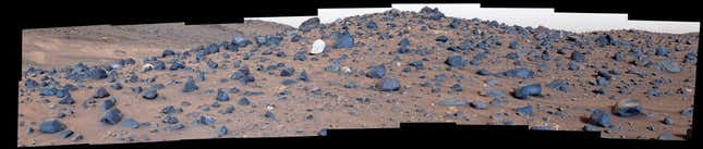 A mosaic image showing the rocky outcrops of Mount Washburn captured by Perseverance on May 27. 
