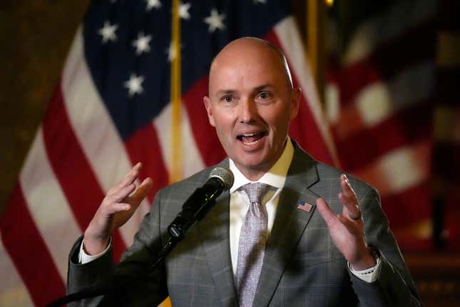 FILE - Utah Gov. Spencer Cox speaks during a news briefing, Friday, March 1, 2024, in Salt Lake City. Cox, Wednesday, March 13, 2024, has approved an overhaul of social media laws meant to shield children from potential harms as the state fends off multiple lawsuits challenging their constitutionality. (AP Photo/Rick Bowmer, File)