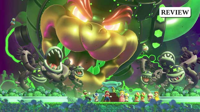 An image shows Mario and friends being attacked by a giant Bowser. 