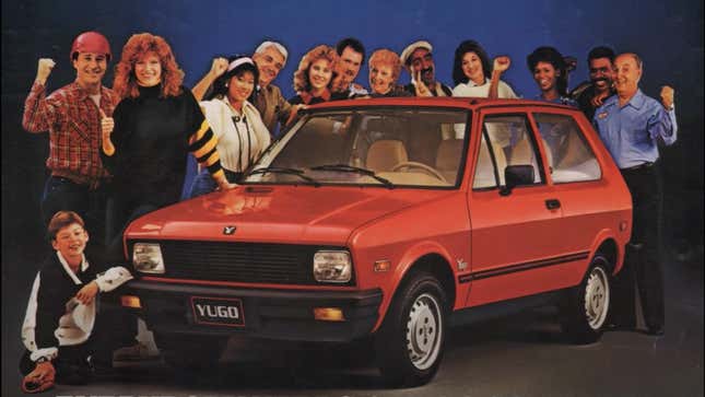 a 1980s print advertisement for Yugo, showing a red compact hatchback parked in a photo studio surrounded by 13 people all raising fists or thumbs and looking enthusiastic about the Yugo