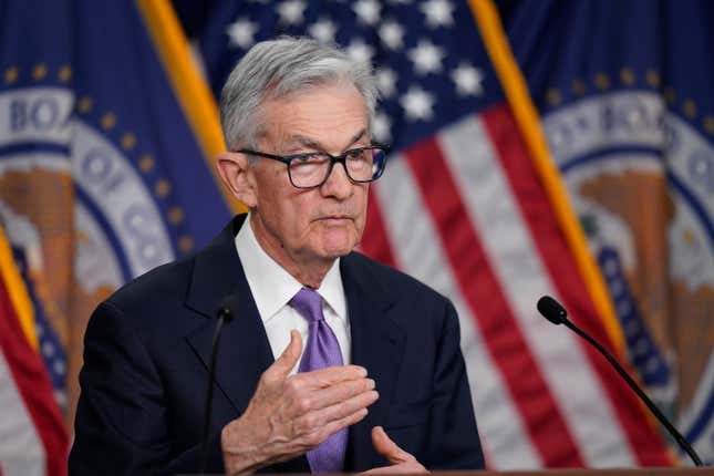 File - Federal Reserve Board Chair Jerome Powell speaks during a news conference about the Federal Reserve&#39;s monetary policy at the Federal Reserve, Dec. 13, 2023, in Washington. The Federal Reserve will meet on January 31. (AP Photo/Alex Brandon, File)