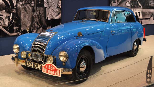 A photo of a blue Allard P1 race car. 