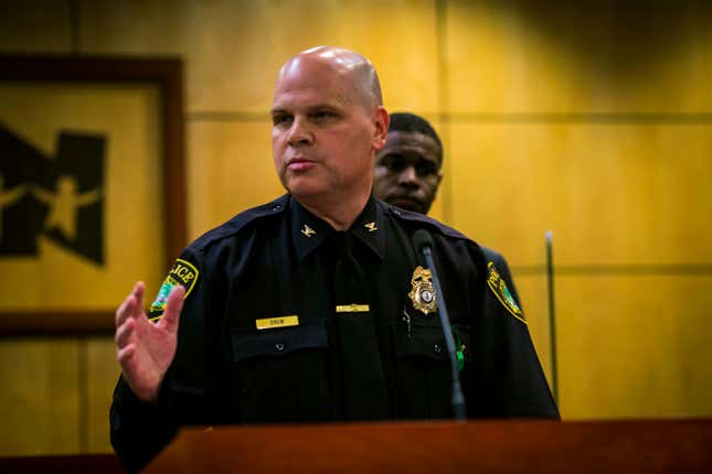 Newport News Police Chief Steve addresses media during a press conference at the Newport News School Administration Office in Newport News, Va., on Monday Jan. 9, 2023. Drew said a 6-year-old student fired the handgun that wounded a Virginia first-grade teacher while she was teaching class on Friday, Jan. 6 at Richneck Elementary School. 

