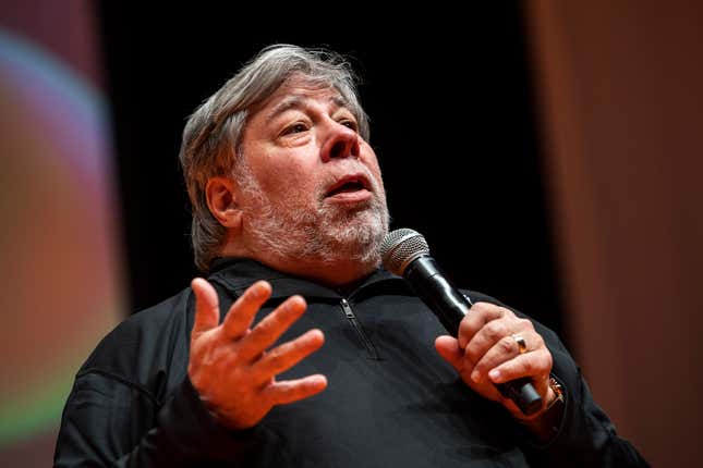 File - Apple co-founder Steve Wozniak speaks at the Novathon Conference in Budapest, Hungary, on Oct. 30, 2019. Wozniak remains hospitalized in Mexico City on Wednesday, Nov. 9, 2023, following a &quot;health problem&quot; while he was in the city to speak at a business conference. (Marton Monus/MTI via AP, File)