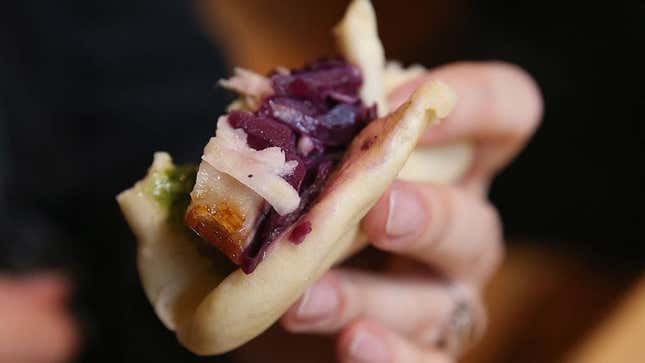 Maple-glazed pork belly in a steamed bun