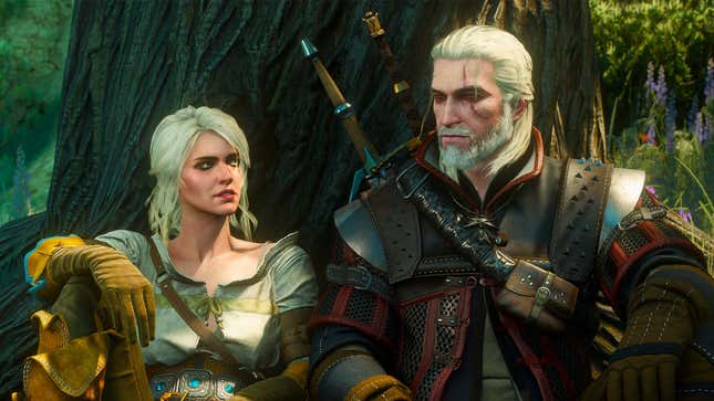 Geralt and Ciri sit under a tree.