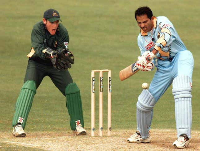 India’s captain Mohammad Azharuddin defends his wicket in a warm-up match.