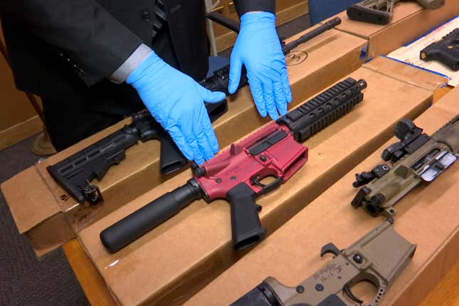 FILE - &quot;Ghost guns&quot; are displayed at the headquarters of the San Francisco Police Department in San Francisco, Nov. 27, 2019. A leading manufacturer of ghost guns has agreed Wednesday, Feb. 21, 2024, to stop selling its untraceable, unassembled firearms to Maryland residents. (AP Photo/Haven Daley, File)