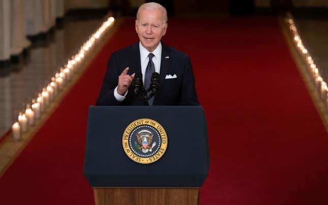 U.S. President Joe Biden speaks about the recent mass shootings and urges Congress to pass laws to combat gun violence at the Cross Hall of the White House in Washington, DC, on June 2, 2022.