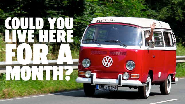 A photo of a red T2 VW Campervan. 