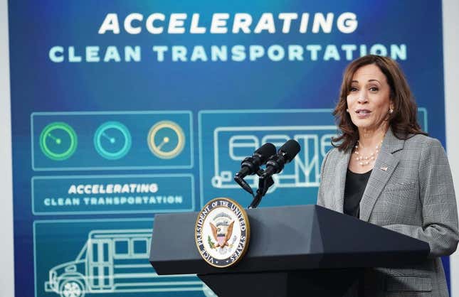 US Vice President Kamala Harris speaks on the administration’s American Rescue Plan and Bipartisan Infrastructure Law investments from the South Court Auditorium of the Eisenhower Executive Office Building, next to the White House, in Washington, DC, on March 7, 2022.