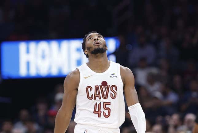 Nov 8, 2023; Oklahoma City, Oklahoma, USA; Cleveland Cavaliers guard Donovan Mitchell (45) reacts after a play against the Oklahoma City Thunder during the second half at Paycom Center. Oklahoma City won 128-120.