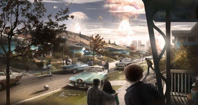 A piece of concept art for Fallout 4 showing off the retrofuturistic/American style of the series against the detonation of the nukes.