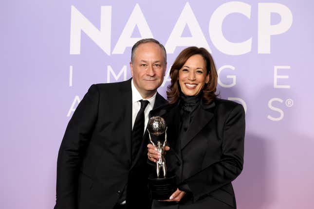 Doug Emhoff and Former Vice President Kamala Harris, winner of the Chairman’s Award, pose in the press room during the 56th NAACP Image Awards at Pasadena Civic Auditorium on February 22, 2025 in Pasadena, California.